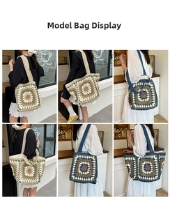 Close-up of bohemian crochet straw tote bag showing intricate sunflower floral patterns