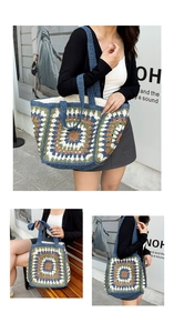 Detail of handmade crochet tote bag featuring vintage granny square patchwork pattern