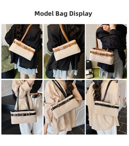 Plusieurs vues d'un sac sous le bras en toile beige avec sangles en cuir sur un mannequin
