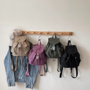 Japanese style checkered canvas backpacks in beige purple green and black colors