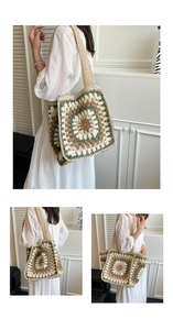 Macro view of a handmade granny square crochet tote bag featuring vintage brown and green patterns
