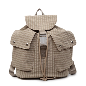 Japanischer Canvas-Rucksack in Hellbraun mit Karomuster und Kordelzugverschluss