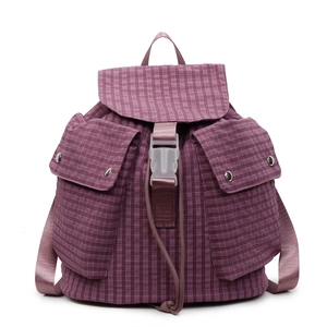 Lightweight purple plaid backpack for daily travel featuring adjustable straps and buckle