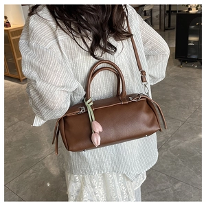 Brown lychee leather Boston bag with tulip charms and adjustable silver strap