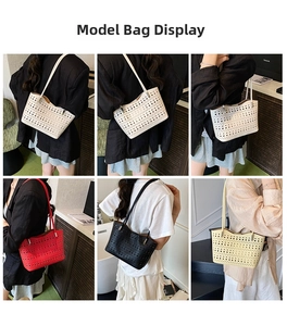 Collage de cuatro elegantes bolsos tote calados en colores blanco, rojo, negro y beige