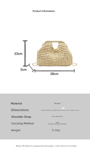Detailed size specifications for beige woven straw bag with adjustable gold chain strap