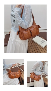 Detailed close-up of brown faux leather shoulder bag with functional multi-pocket design