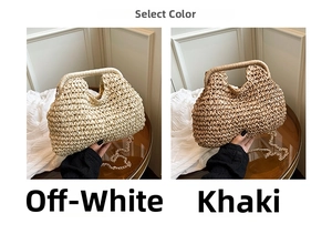 Detail view of woven straw handbags in beige and khaki colors with gold chain straps