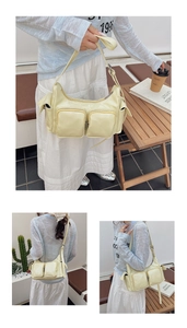 Detail of light yellow multi-pocket PU leather crossbody bag with adjustable strap
