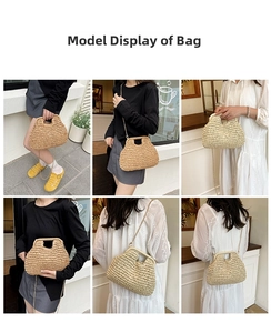 Detailed views of handmade woven straw bag with gold chain strap in multiple colors