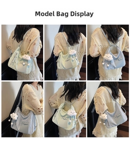 Collage of quilted nylon tote bags in mint and light blue with cloud charms
