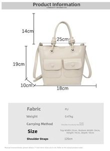 Size guide for white faux leather handbag with 25cm width and 120cm shoulder strap