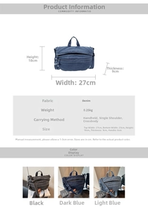 Detailed size chart and specifications for the denim crossbody bag with multiple pockets