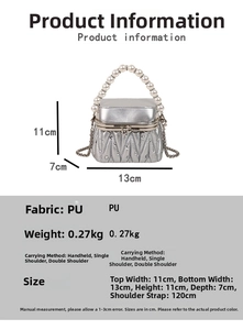 Detailed size specifications for silver quilted pearl mini bag with diamond accents