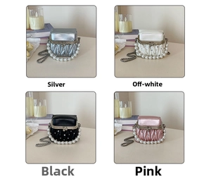Detailed view of quilted rhinestone mini bags with pearl handles in four colors