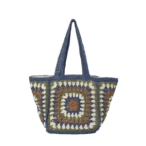 Ethnic style crochet tote bag with colorful granny square pattern for summer