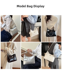 Collage van hippe schoudertassen met ketting in beige, zilver, zwart en donkerbruin