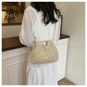 Detail view of woven straw handbag with gold chain strap and metal frame closure