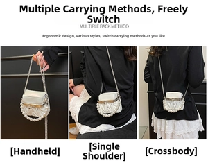 Three-way carry view of a white quilted mini bag with pearl trim and metal chain strap