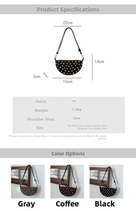 Detailed size specifications for the studded PU leather crescent shoulder bag and strap