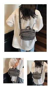 Détails du sac tote en toile gris délavé avec poches zippées et bandoulière réglable