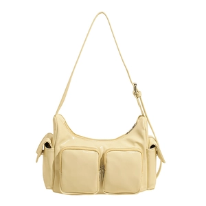 Chic cream yellow glossy leather shoulder bag with functional multi-pocket design