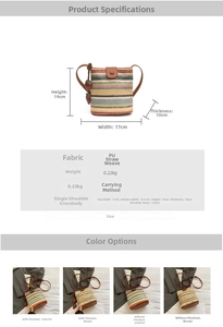 Detailed size specifications and weight info for rainbow woven bucket shoulder bag