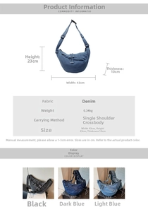 Detailed size specifications and material chart for denim crescent crossbody bag