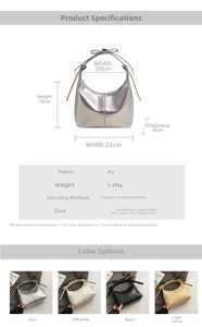 Detailed size specifications for silver crescent crossbody bag with bow shoulder strap