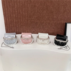 Women Mini Evening Bag PU Leather Faux Artificial Pearl Handle Rhinestone Quilted Pleated Kiss Lock Crossbody Shoulder Bag Elegant