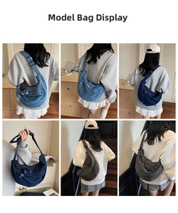 Collage of denim crescent crossbody bags in various washes with adjustable wide straps