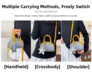 Three-way carry view of a blue denim bowling bag with yellow handles and star charm