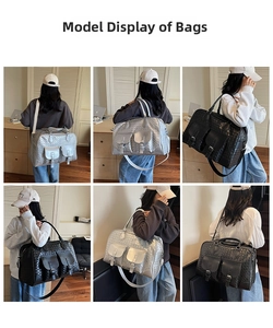 Detailed views of woven travel bag in silver and black shown from multiple angles on model