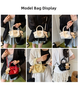 Detailed views of women's pleated bucket bag in four colors with cute teddy bear charm