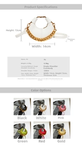 Detailed spec sheet of mini crescent bag showing dimensions 14x13x5cm and color options
