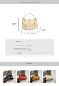 Size chart showing large PU leather handbag dimensions with chic quilted design details
