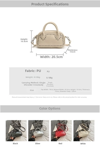 Detailed size chart for crossbody rivet bag showing dimensions and PU material specs