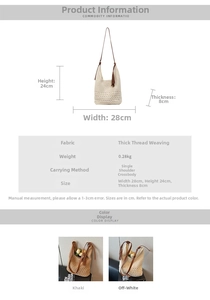 Detailed size chart for knit hollow shoulder bag with tassels and shoulder strap measurements