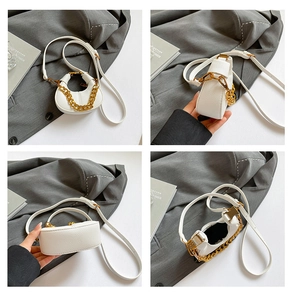 Detailed four-way view of white crescent bag with lychee grain leather and gold chain