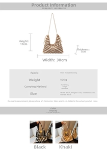 Detailed size specifications of hand-crocheted woven shoulder bag with wide knit texture
