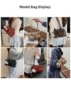 Collage of model wearing shiny faux leather shoulder bags in various colors with star charms