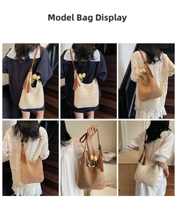 Close-up of handmade woven straw bag with leather straps and delicate hollow patterns