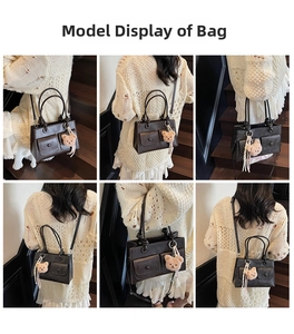 Detail shots showing the dark brown vintage crossbody bag from multiple angles on a model