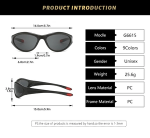 Detailed dimension guide for G6615 Y2K sports sunglasses showing frame size and PC material