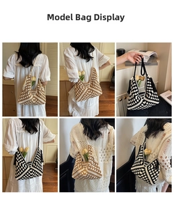 Detail of bohemian crochet tote bag featuring geometric floral patterns and side tassels