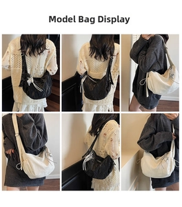 Detailed views of the pleated dumpling shoulder bag in black and white styles