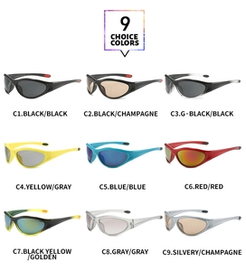 Detailed grid of 9 color options for Y2K style wrap-around cycling sports sunglasses