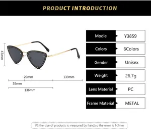 Detailed size chart for triangle metal frame sunglasses showing specific frame dimensions