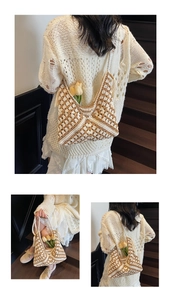Detail of crochet tote bag with grandmother square hollow texture and fringe tassels