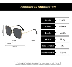Detailed size chart for square frame metal sunglasses with full frame measurements